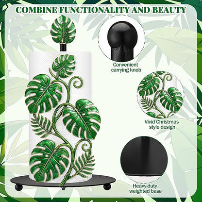 Thyle Tropical Monstera Paper Towel Holder with Round Base Boho Bathroom Decor Green Leaf Dispenser Kitchen Paper Holder Stand for Countertop Toilet Home Accessories