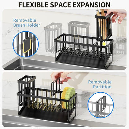 Cisily Sink Caddy Sponge Holder for Kitchen with Brush Holder and Stainless Steel Self Drain Tray, Rustproof Kitchen Sink Organizer for Sponge, Soap Dispenser Storage Accessories - Image 3