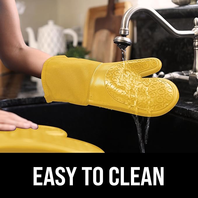 BPA-Free Soft Silicone Oven Mitts - Ultra Heat Resistant Oven Mitts with Thick Cotton Liner - Long Slip Resistant Pot Holders, Flexible Oven Gloves - Yellow 13.7" - Image 6