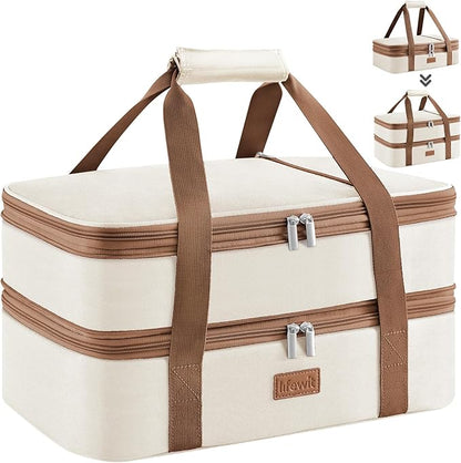 Lifewit Insulated Double Decker Casserole Carrier, Expandable Lasagna Lugger Tote Bag for Hot or Cold Food, Fits 9" x 13" Baking Dish for Potluck Parties, Picnic and Cookouts, Cream