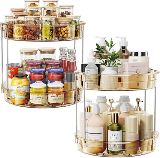 LAMU 2 Pack 2 Tier Lazy Susan Turntable Organizer 12'' Rotating Spice Rack Organization for Cabinet, Kitchen, Pantry, Countertop, Bathroom, Vanity, Medicine Cabinet Organizer, Amber by YourHome-OrganizationHelper
