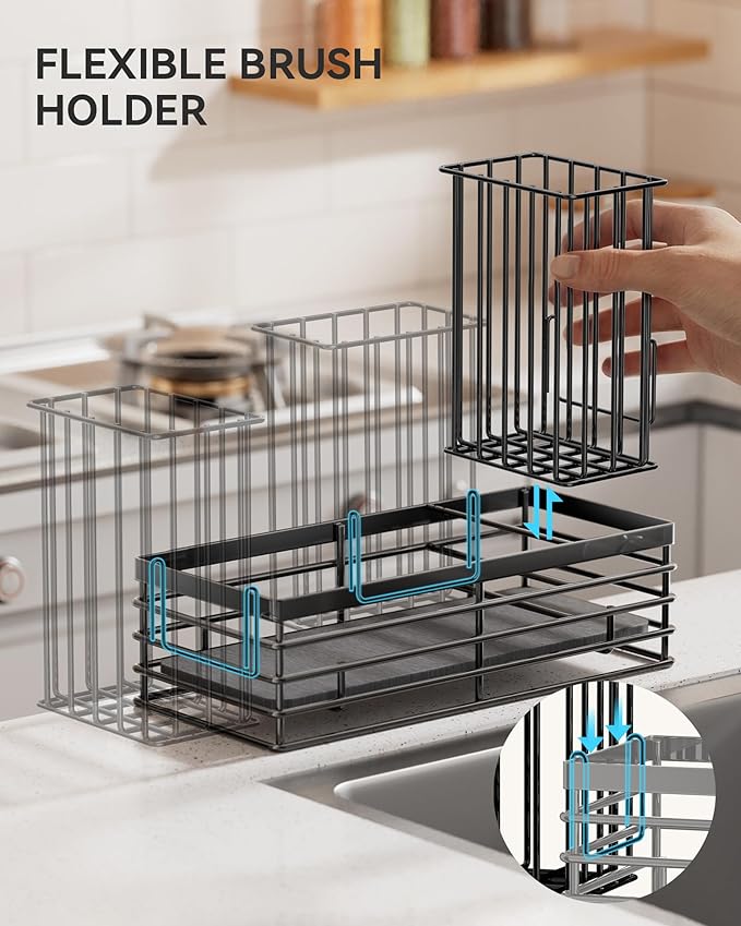 Yofidra Sponge Holder for Kitchen Sink, Sink Caddy Organizer with Stone Drying Mat, Kitchen Countertop Organizers and Storage Essentials, 304 Stainless Steel (Black, 9.3″) - Image 3