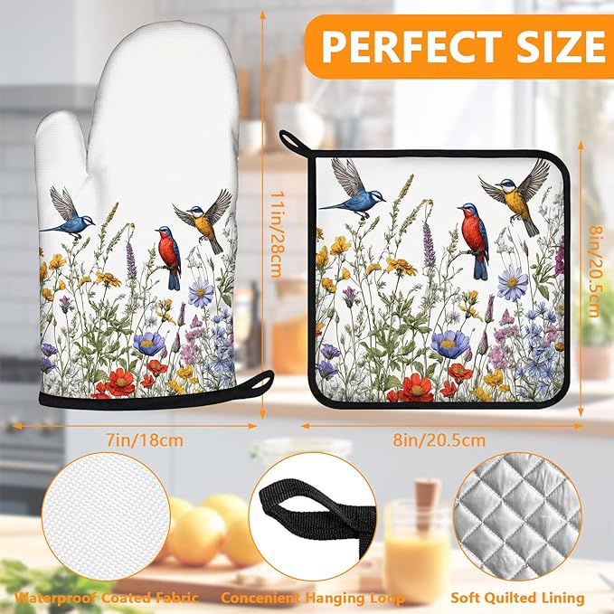 Wildflowers Birds Oven Mitts and Pot Holders Sets 4Pcs,Extra Long Oven Gloves Potholder for Kitchen Cooking Baking BBQ 100% Cotton Heat Resistant - Image 2