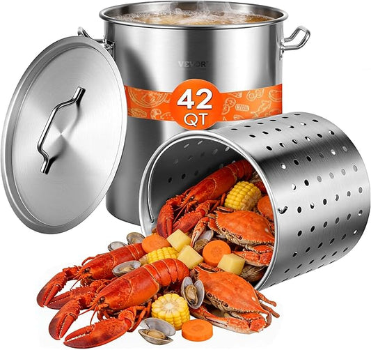 VEVOR Stainless Steel Stockpot, 42 Quart Large Cooking Pots, Cookware Sauce Pot with Strainer, Lid, and Handle, Heavy Duty Commercial Grade Stock Pot, Sanding Treatment, for Large Groups Events Silver by VEVOR