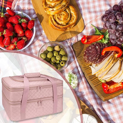 Quilted Double Decker Casserole Carrier - Expandable Dish Carrying Case for Hot or Cold Food, Lasagna Holder for Potluck Parties, Picnic, Beach, Fits 9"×13" Baking Dish (Pink)