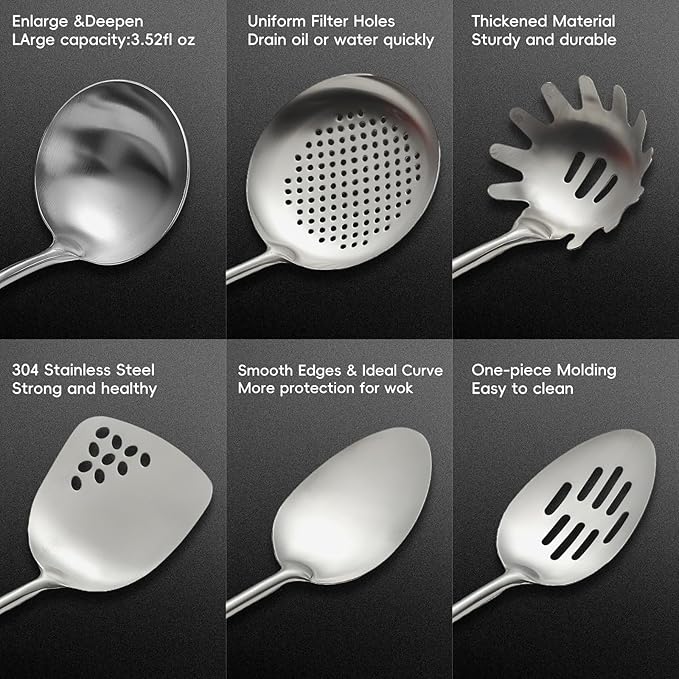 Izurok 18/10 Stainless Steel Kitchen Utensils Set,6 Piece Cooking Utensils With Wood Handle,Heat Resistant Kitchen Tool Set With Spatula, Spoon, Ladle, Skimmer, Slotted Spoon, Pasta - Image 4