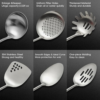 Izurok 18/10 Stainless Steel Kitchen Utensils Set,6 Piece Cooking Utensils With Wood Handle,Heat Resistant Kitchen Tool Set With Spatula, Spoon, Ladle, Skimmer, Slotted Spoon, Pasta - Image 4