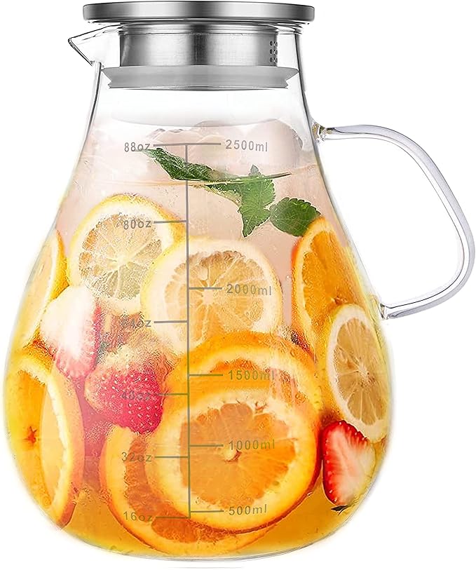 Glass Pitcher with Lid,88 Ounces -2500ml with Precise Scale Line, Hot/Cold Water Jug, Juice and Iced Tea Beverage Carafe with Lid by Liuruiyu
