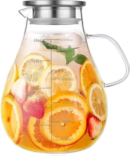 Glass Pitcher with Lid,88 Ounces -2500ml with Precise Scale Line, Hot/Cold Water Jug, Juice and Iced Tea Beverage Carafe with Lid by Liuruiyu