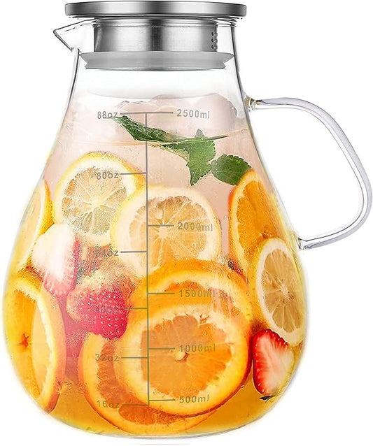 Glass Pitcher with Lid,88 Ounces -2500ml with Precise Scale Line, Hot/Cold Water Jug, Juice and Iced Tea Beverage Carafe with Lid by Liuruiyu