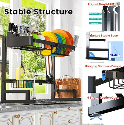 ADBIU 【Fit Sink 24.5"- 32" L 2023 Version Over Sink Dish Drying Rack (Expandable Dimension) Snap-On Design 2 Tier Large Kitchen Dish Rack Stainless Steel Counter Organization and Storage - Image 4
