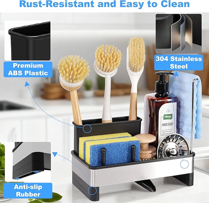 Kitchen Sink Caddy Organizer, Stainless Steel Sponge Holder, Kitchen Caddy Sink Organizer with Dish Brush Holder and Dishcloth Rack, Rustproof Dish Sponge Drying Rack for Countertop Storage - Image 4