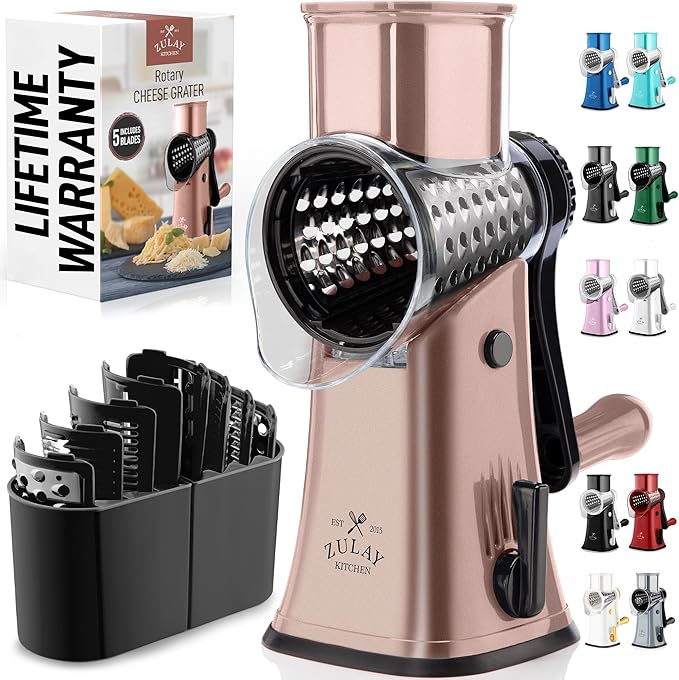 Zulay Kitchen Rotary Cheese Grater 5 Blade Cheese Shredder - Manual Hand Crank Cheese Grater With Reinforced Suction & 5 Interchangeable Drums - Easy to Use, Vegetable Chopper Round Mandoline Slicer by ZulayKitchen