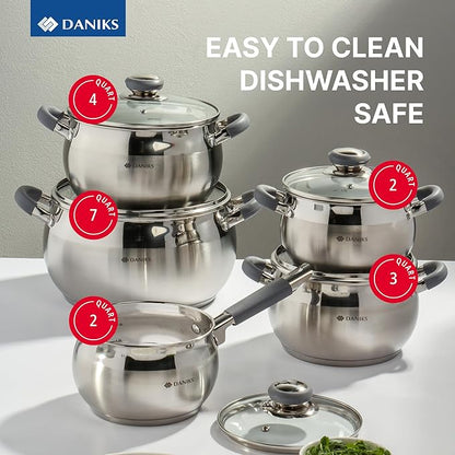 Daniks Modern 10-Piece Stainless Steel Cookware Set with Glass Lids, Includes Saucepan, Tri-Ply Bases for Even Heating, Induction Compatible, Dishwasher Safe, Heatproof Handles
