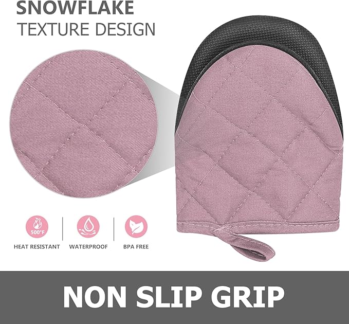 1 Pair Short Oven Mitts - Silicone Kitchen Oven Gloves High Heat Resistant 500℉, Mini Oven Mits with Non-Slip Grip Surfaces and Hanging Loop for BBQ, Baking, Cooking and Grilling (Pink) - Image 4