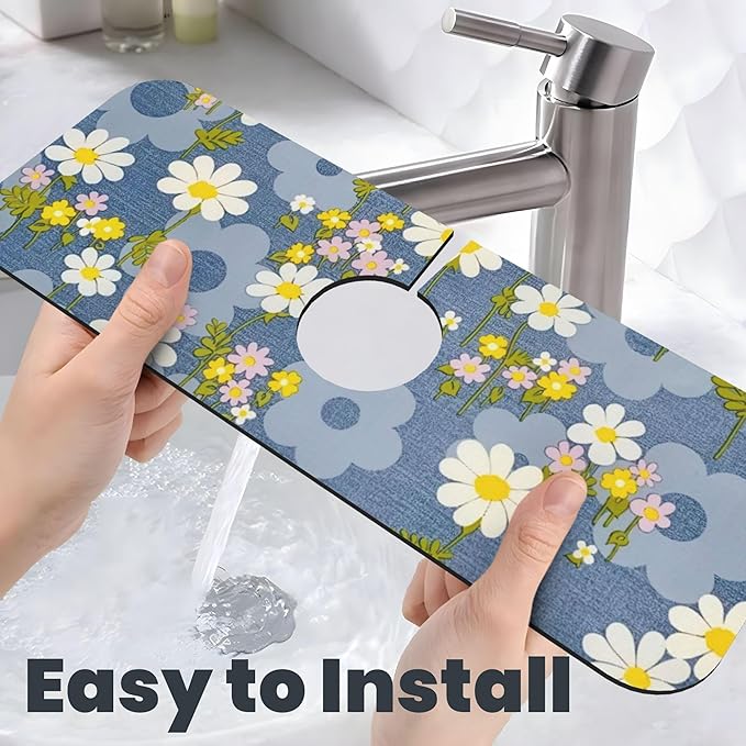 Daisy Flowers Dish Drying Mat for Kitchen Counter, 18"x24" Microfiber Absorbent Fast Dry Mat, 2Pcs Dish Mat Faucet Mats Sets, Large Drying Kitchen Mat Kitchen Drying Pad Coffee Bar Decor Gifts