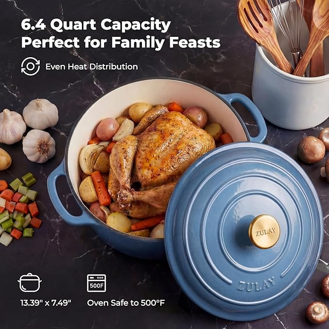 Zulay Kitchen 6 Quart Enameled Cast Iron Dutch Oven Pot with Lid – Premium Durability & Oven Safe up to 500°F – Heavy Duty Cookware Perfect for Bread Baking, Stews, Braising & Roasting - Aquamarine - Image 6