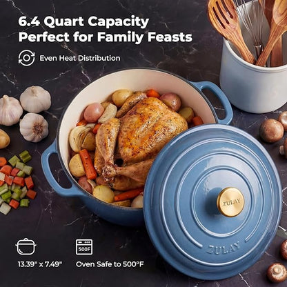 Zulay Kitchen 6 Quart Enameled Cast Iron Dutch Oven Pot with Lid – Premium Durability & Oven Safe up to 500°F – Heavy Duty Cookware Perfect for Bread Baking, Stews, Braising & Roasting - Aquamarine - Image 6