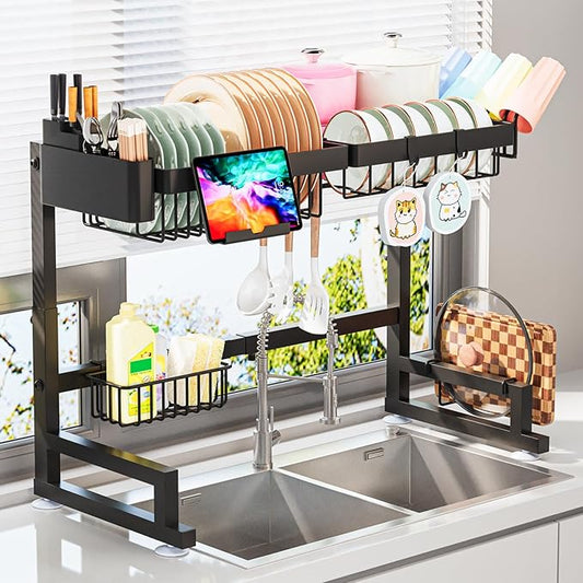 ADBIU Over The Sink Dish Drying Rack (Expandable Height and Length) Snap-On Design 2 Tier Large Dish Rack by ADBIU
