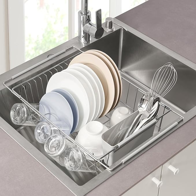 Dish Drying Rack Over The Sink Expandable to 24.5" Dish Drainer — Space-Saving Rectangular Kitchen Extending Drying Station with Utensil Holder, Fits Most Sinks for Easy Dish Organization, Silver by SweetHomeCollection
