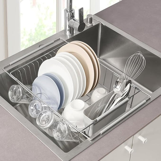Dish Drying Rack Over The Sink Expandable to 24.5" Dish Drainer — Space-Saving Rectangular Kitchen Extending Drying Station with Utensil Holder, Fits Most Sinks for Easy Dish Organization, Silver by SweetHomeCollection