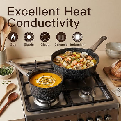 Pots and Pans Set Nonstick 22 Pcs, Ceramic cookware set Non-Toxic Coating Inky Granite Kitchen Cookware Set, Induction Kitchen Cooking Set w/Frying Pans, Saucepans & Glass Lids, PFOS & PFOA Free - Image 3