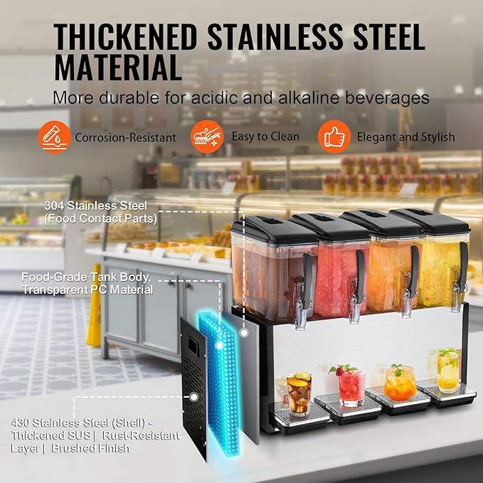 VEVOR Commercial Beverage Dispenser, 4 Tanks 12 L / 12.7 QT Per Tank Juice Dispenser, 510W Stainless Steel Ice Tea Drink Machine with 45°F-54°F Cooling Temperature, for Cold Drink Restaurant Bar Party - Image 4