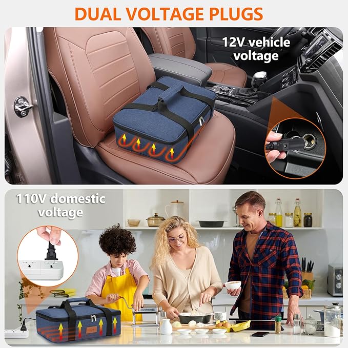 Food Warmer Electric Casserole Carrier - Large Heated Lunch Bag for Car Truck, 12V/24V/110V, Thermos for hot food for Potluck Cookouts Parties Picnic,Lasagna Lugger,Fits 9"x13" Baking Pan (Navy)