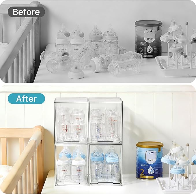Vtopmart 7.6" H Clear Stackable Storage Drawers, 4 Pack Plastic Organizers Bins for Skincare, Cosmetics,Beauty Supplies,Ideal for Vanity, Bathroom,Kitchen Countertop,Cabinet Organization - Image 4
