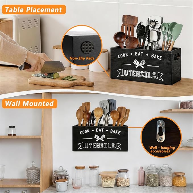 Large and Durable Wooden Kitchen Utensil Holder - Ideal for Kitchen Counter Decor and Party Use （black 3 Compartment）