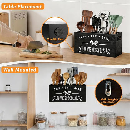 Large and Durable Wooden Kitchen Utensil Holder - Ideal for Kitchen Counter Decor and Party Use （black 3 Compartment）