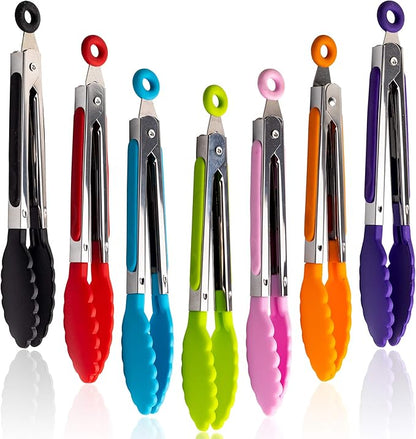 7 Pack Kitchen Tongs Set 7-Inch Color Mini Small Food Tongs with Stainless Steel Silicon Handles and Nylon Tips Heat Resistant Tongs for Cooking, Serving, BBQ, Grilling, Salad and More by Unknown
