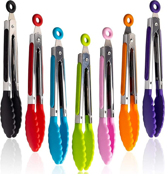 7 Pack Kitchen Tongs Set 7-Inch Color Mini Small Food Tongs with Stainless Steel Silicon Handles and Nylon Tips Heat Resistant Tongs for Cooking, Serving, BBQ, Grilling, Salad and More by Unknown