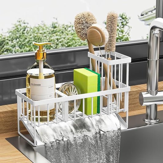 Cisily Sink Caddy Sponge Holder - Stainless Steel Rustproof, High Brush Holder, Dish Sponge Organizer with Divider (White) by CISILYHOMELIFE