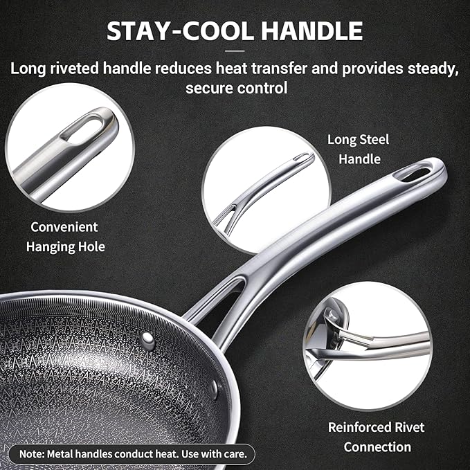Ammeloo Hybrid Tri-Ply Stainless Steel Frying Pan Set, 8"/9.5"/11" Cooking Pans, Non Stick Frying Pans and Skillets, Chef Pan, Non Toxic, Dishwasher Safe, Induction Compatible, Black Interior