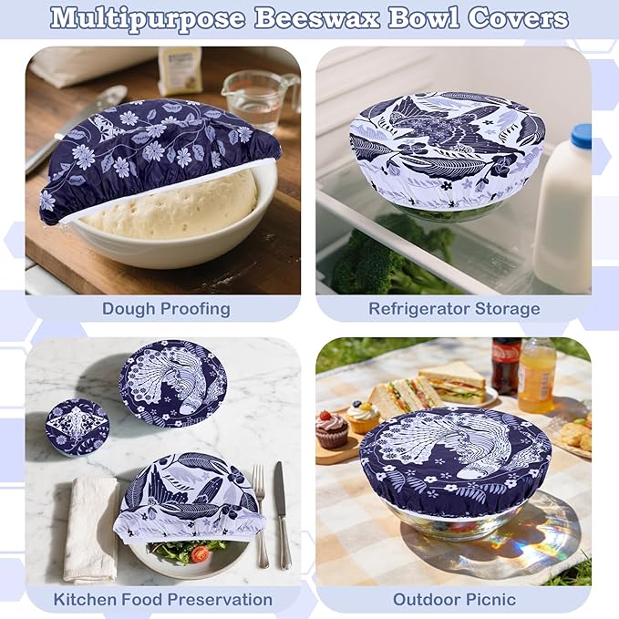 5-Size Reusable Beeswax Bowl Covers for Bread Proofing, Cotton Cloth Flexible Beeswax Wraps for Food Storage(Humpback Whale) - Image 5