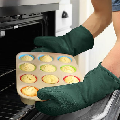 BPA-Free Silicone Oven Mitts Ultra Heat Resistant up to 500°F - Oven Mitts with Thick Cotton Liner - Long Slip Resistant Pot Holders, Flexible Oven Gloves - Green 13.7 - Image 8