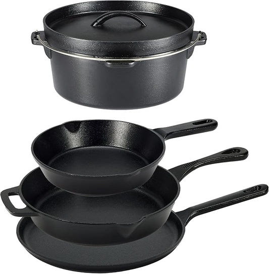 Amazon Basics Pre-Seasoned Cast Iron 5-Piece Cookware Set, Oven Safe, Cooks Evenly, 14.17 x 12.2 x 10.63 in, Black