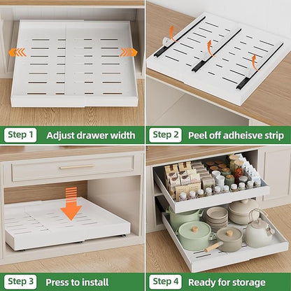 PAKETA 2 Pack Expandable Pull Out Cabinet Organizer, 21'' Deep Pull Out Drawers for Cabinets, Upgrade 3 Slide Rails Sliding Drawers for Cabinets with Adhesive Nano Film (White, 21"D X 12-20"W) - Image 6