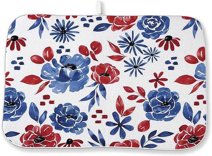 Red Blue Floral Dish Drying Mat 18x24 Inch Vintage 4th of July Drying Mat for Kitchen Counter Absorbent Patriotic Independence Day Memorial Day Flowers Dishes Dry Pad for Drainer Rack Kitchen Fast Dry