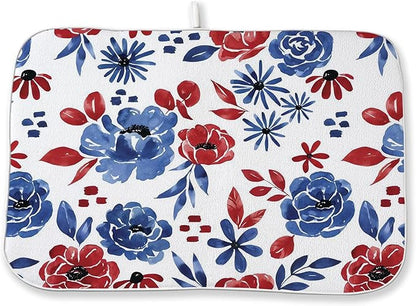 Red Blue Floral Dish Drying Mat 18x24 Inch Vintage 4th of July Drying Mat for Kitchen Counter Absorbent Patriotic Independence Day Memorial Day Flowers Dishes Dry Pad for Drainer Rack Kitchen Fast Dry