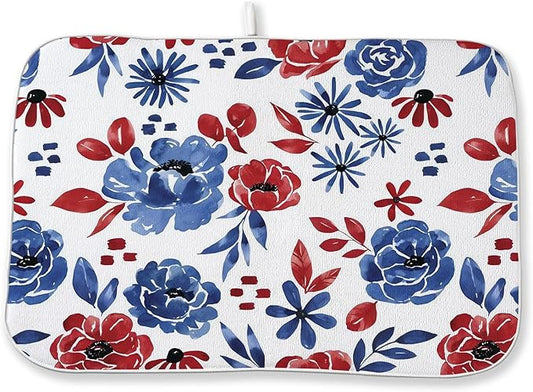 Red Blue Floral Dish Drying Mat 18x24 Inch Vintage 4th of July Drying Mat for Kitchen Counter Absorbent Patriotic Independence Day Memorial Day Flowers Dishes Dry Pad for Drainer Rack Kitchen Fast Dry