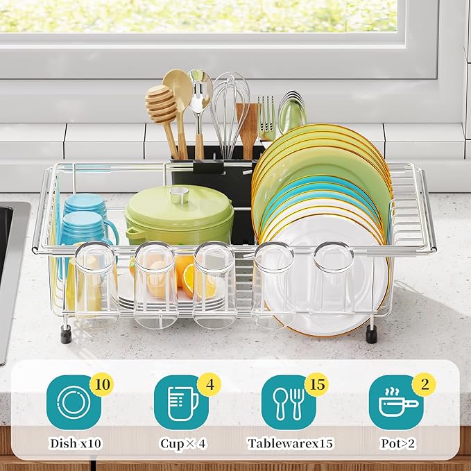 Simple Trending Expandable Dish Drying Rack in Sink, Adjustable Dish Drainers for Small Kitchen, Counter Inside Sink, Over The Sink with Utensil Holder - Image 3