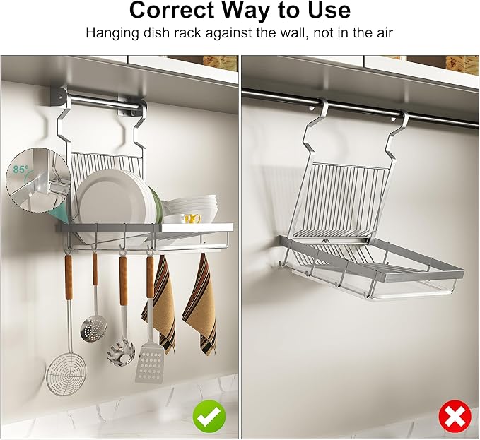 TQVAI Over Sink Dish Drainer Drying Rack, Stainless Steel Foldable Wall Mounted Dish Racks with Drainboard Hanging Rod and Sponge Holder, Silver - Image 2