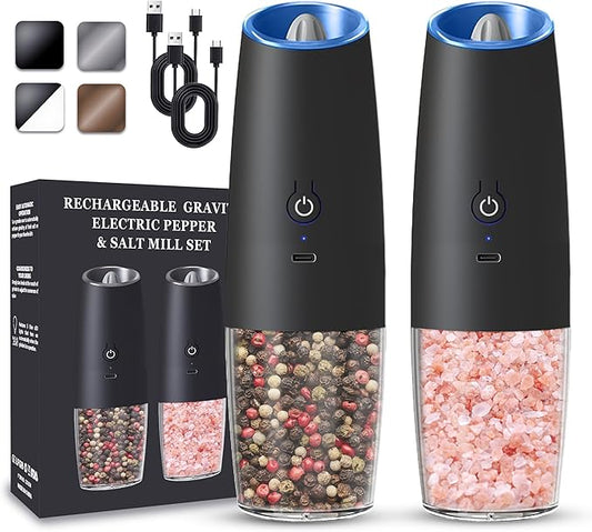 UNNEES Rechargeable Electric Salt and Pepper Grinder set of 2, gravity electric salt and pepper grinder set, Adjustable Roughness, LED Light, 2 Pack, (Black) by UNNEES
