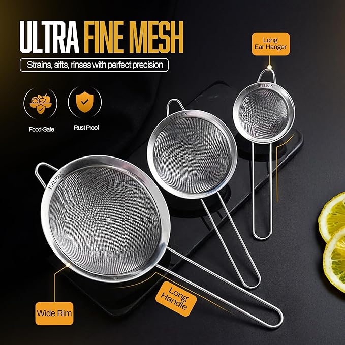 ELEEN Premium Stainless Steel Fine Mesh Strainers for Kitchen 3-Piece Set with Non-Slip Handle, Small, Medium & Large Sieves, Colanders and Sifter for Sifting, Straining, Pastas Tea, Rice Vegetables - Image 2