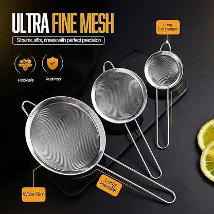 ELEEN Premium Stainless Steel Fine Mesh Strainers for Kitchen 3-Piece Set with Non-Slip Handle, Small, Medium & Large Sieves, Colanders and Sifter for Sifting, Straining, Pastas Tea, Rice Vegetables - Image 2