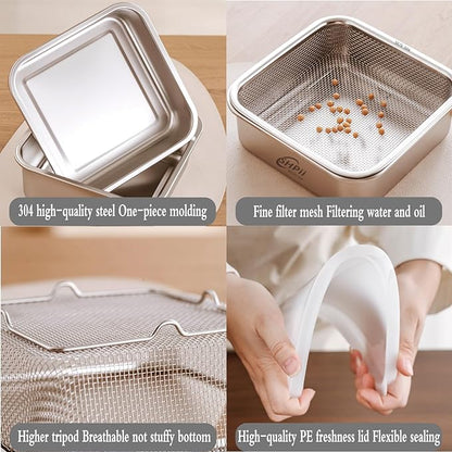 Square Colander Set, 304 stainless steel, with PE lid, deli containers, back of the kitchen preparation, washing and draining tools, refrigerator storage, frying oil filter (2500ML)