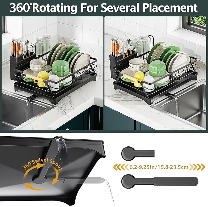 Epicano Dish Drying Rack for Kitchen Counter - Large Capacity Dish Rack with Wooden Handle,Cup Holder & Knife Slots, Rustproof Dish Drainer with Auto-Drainage System, Kitchen Sink Organizer, Black - Image 6