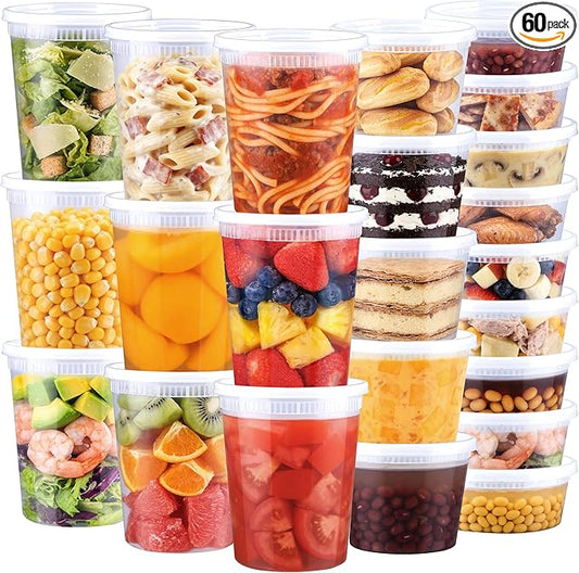 BYSNOW 60 Sets Deli Containers with Lids, 32/16/8 oz X 20 Set Each, Leak-Proof & BPA Free Airtight Stackable Takeout Plastic Food Storage Containers, Freezer/Microwave/Dishwasher Safe
